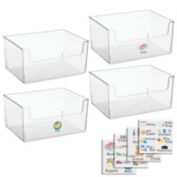 mDesign Plastic Open Front Wide Toy Organizer Bin, 4 Pack + 24 Labels - Clear