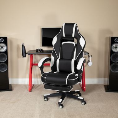Flash Furniture Optis Red Gaming Desk with Cup Holder/Headphone Hook & White Reclining Back/Arms Gaming Chair with Footrest. View a larger version of this product image.