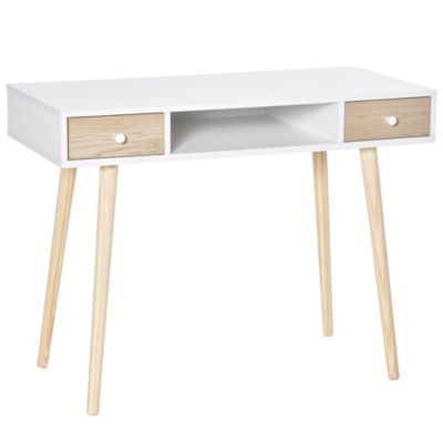 HOMCOM Kids Wooden Work Study Desk Makeup Vanity and Writing Computer Table with Storage Drawers & Pinewood Legs, White and Natural