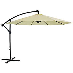 Sunnydaze Outdoor Steel Cantilever Offset Patio Umbrella with Solar LED Lights, Air Vent, Crank, and Base - 9' - Pale Buttercup