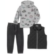 Kids Headquarters Little Boy&#39;s 3 Pc Quilted Full Zip Vest Racing Print Hooded T-Shirt & Denim Jogger Pants Set Black Size 7