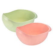 Unique Bargains Rice Strainer Bowl with Handle 2pcs, Rice Washing Bowl Rice Washing Filter Strainer Basket Colanders for Cleaning Vegetable, Fruit-Green+Pink