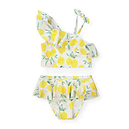 Hope & Henry Girls' Ruffle Shoulder Two-Piece Swimsuit with Ruffle Bottom, Lemon Print, 3-6 Months