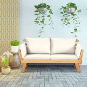 Gymax Adjustable Patio Sofa Daybed Acacia Wood Furniture w/ White Cushions