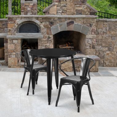 Flash Furniture Conrad Commercial Grade 30" Round Black Metal Indoor-Outdoor Table Set with 2 Arm Chairs. View a larger version of this product image.