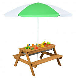 Costway 3-in-1 Kids Outdoor Picnic Water Sand Table with Umbrella Play Boxes