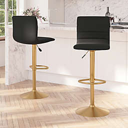 Merrick Lane Set of 2 Contemporary Height Adjustable Swivel Stools with Black Vinyl Seat and Back and Gold Pedestal Base with Footrest