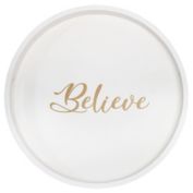Elegant Designs Decorative 13.75" Round Wood Serving Tray with Handles, "Believe"