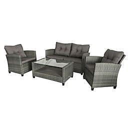 Outsunny 4 Pieces Patio Furniture Sets Rattan Wicker Rattan Chair w/ Table Conversation Set with Cushion for Backyard Porch Garden Poolside and Deck, Onyx