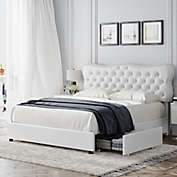 Homfa Linen Upholstered Button Tufted Platform Bed Frame with 4 Drawers King White