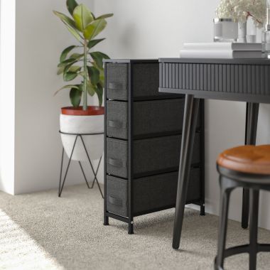 Flash Furniture Harris 4 Drawer Slim Wood Top Black Cast Iron Frame Dresser Storage Tower with Dark Gray Easy Pull Fabric Drawers. View a larger version of this product image.