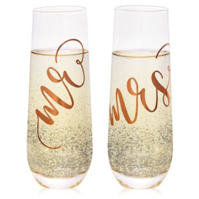 Blue Panda Mr and Mrs Champagne Flutes for Bride and Groom, Stemless Glasses Wedding, Anniversary, Engagement for Him (Rose Gold, 9 oz)