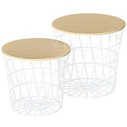 HOMCOM Set of 2 Side Tables with Storage, Nesting Wire Design Stacking Round Accent Coffee Tables with Inside Storage, Removeable Top for Living Room or Bedroom, White / Natural