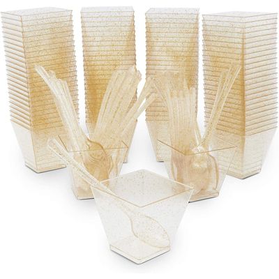 Blue Panda Gold Glitter Square Dessert Cups with Spoons for Birthdays, Wedding, Parties (2 oz, 200 Pack)