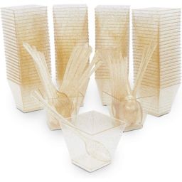 Blue Panda Gold Glitter Square Dessert Cups with Spoons for Birthdays, Wedding, Parties (2 oz, 200 Pack)