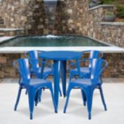 Emma + Oliver Commercial Grade 24" Round Blue Metal Indoor-Outdoor Table Set with 4 Arm Chairs