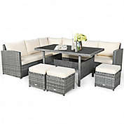 Costway-CA 7 Pieces Patio Rattan Dining Furniture Sectional Sofa Set with Wicker Ottoman-White