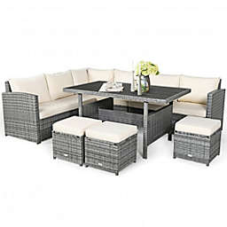 Costway-CA 7 Pieces Patio Rattan Dining Furniture Sectional Sofa Set with Wicker Ottoman-White