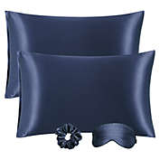 PiccoCasa Solid Satin Pillowcase for Hair and Skin, Durable Pillowcases King Size Set of 2, Silky Bed Pillow Covers + Eye Mask & Scrunchie Envelope Closure Pillow Cover 20x36 Inch Navy Blue