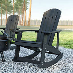 Emma + Oliver Set of 2 Marcy Classic All-Weather Poly Resin Rocking Adirondack Chairs in Black with Stainless Steel Hardware for Year Round Use
