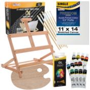 U.S. Art Supply 21-Piece Artist Oil Painting Set with Wooden H-Frame Studio Easel, 12 Vivid Oil Paint Colors, Stretched Canvas, 6 Brushes, Wood Painting Palette - Kids, Students, Adults, Starter Kit