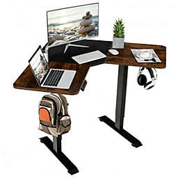 Costway L-shaped Electric Standing Desk with 4 Memory Positions and LCD Display-Rustic Brown
