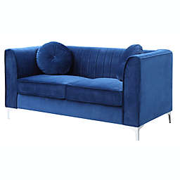 Passion Furniture Delray 65 in. Navy Blue Tuxedo Arm Velvet Loveseat with 2-Throw Pillow