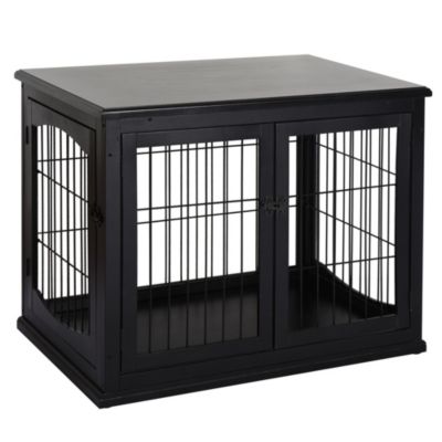 PawHut 26" Wooden Dog Crate, Furniture Style Pet Cage Kennel, End Table, with Lockable Double Door Entrance, and Top Shelf, Black