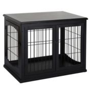 PawHut 26" Wooden Dog Crate, Furniture Style Pet Cage Kennel, End Table, with Lockable Double Door Entrance, and Top Shelf, Black