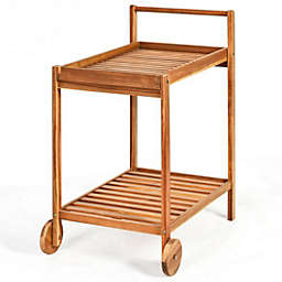 Costway 2-Tier Acacia Rolling Kitchen Trolley Cart