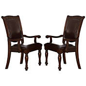 Saltoro Sherpi Traditional Style Wood and Leather Dining Side Arm Chair, Brown and Dark Brown, Set of 2-