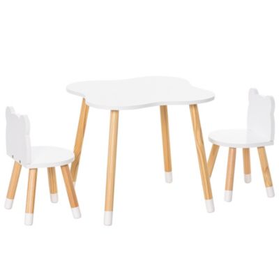 Qaba 3 Pieces Table and Chair Sets Children Dining Table Cute Bear Shape with Rounded Corners for 1-4 years Toddler Desk Reading Drawing Playing, White