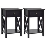 Gymax Set of 2 Nightstand Sofa Side End Table X-Design w/ Shelf Drawer Brown