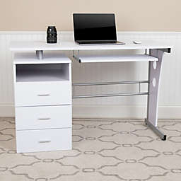 Emma + Oliver White Desk with Three Drawer Single Pedestal and Pull-Out Keyboard Tray