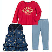 Tommy Hilfiger Little Girl&#39;s 3 Pc Ruffled Faux Fur Collar Vest Logo Top & Leggings Set Blue Size 6
