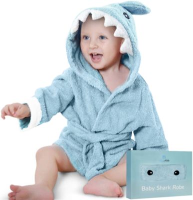 BlueMello Ultra-Soft Baby Shark Bathrobe for Infants 0-6 Months - Hooded Blue Bath Towel Essential for Boy Toddlers - Perfect Baby Girl Shower Gift