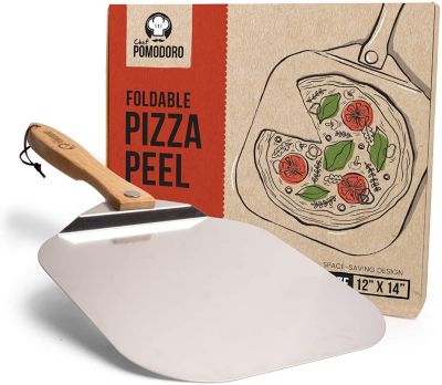 Chef Pomodoro Aluminum Metal Pizza Peel with Foldable Wood Handle for Easy Storage 12-Inch x 14-Inch, Gourmet Luxury Pizza Paddle for Baking Homemade Pizza Bread