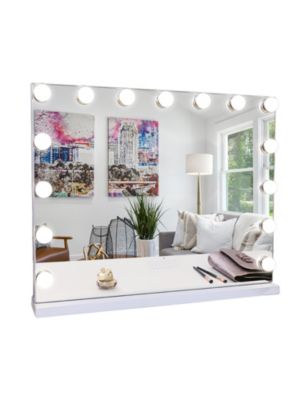 Fenchilin Large Vanity Mirror W/ Lights and Bluetooth Speaker Hollywood Lighted Makeup Mirror with 15 Dimmable LED Bulbs for Dressing Room and Bedroom, Tabletop or Wall-Mounted, Slim Metal Frame White