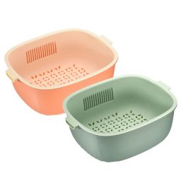 Unique Bargains Kitchen Strainer Colander Bowl Set 2 Pieces, Plastic Colander Double Layered Drain Bowl, Washing Fruits Vegetable Colander Food Strainer-Pink+Green