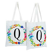Okuna Outpost Set of 2 Reusable Monogram Letter Q Personalized Tote Bags for Women, Floral Design (29 Inches)