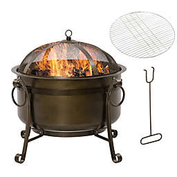 Outsunny 30 Inch Outdoor Fire Pit, Round Wood Burning Patio Firepit with Cooking BBQ Grill, Spark Screen, Poker for Backyard Bonfire