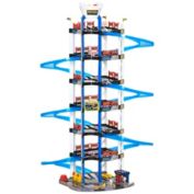 Qaba 7-Level Car Parking Garage Toy Dual Race Tracks Car Ramp Set Toddler Car Games 102 PCS w/ Electric Elevator Wash, Gas, Ejector & Car Repair Station Metal Cars for 3-6 Years Old