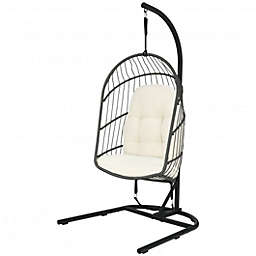 Costway-CA Hanging Wicker Egg Chair with Stand -Beige