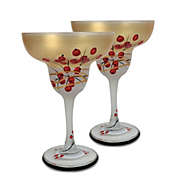 Crafted Creations Set of 2 Red and White Berries Hand Painted Margarita Drinking Glasses 12 oz.
