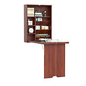 Wall Mounted Desk, Fold Out Convertible Desk, Multi-Function Computer Table Floating Desk with Shelves for Home Office, Mahogany