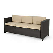 Contemporary Home Living 76.75" Brown and Beige Contemporary Outdoor Patio Sofa with Cushions