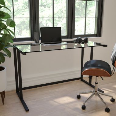 Flash Furniture Singleton Glass Desk with Black Pedestal Metal Frame. View a larger version of this product image.