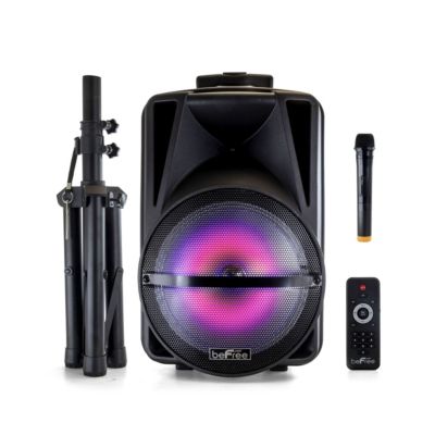 beFree Sound 12 Inch Bluetooth Rechargeable Portable PA Party Speaker with Reactive LED Lights and Stand
