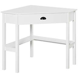 HOMCOM Corner Desk, Triangle Computer Desk with Drawer and Storage Shelves for Small Space, Home Office Workstation for Living Room, Bedroom, White