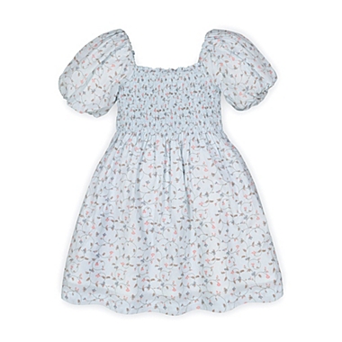 Hope & Henry Girls&#39; Smocked Bubble Sleeve Dress (Pale Blue Vintage Floral, 2T). View a larger version of this product image.